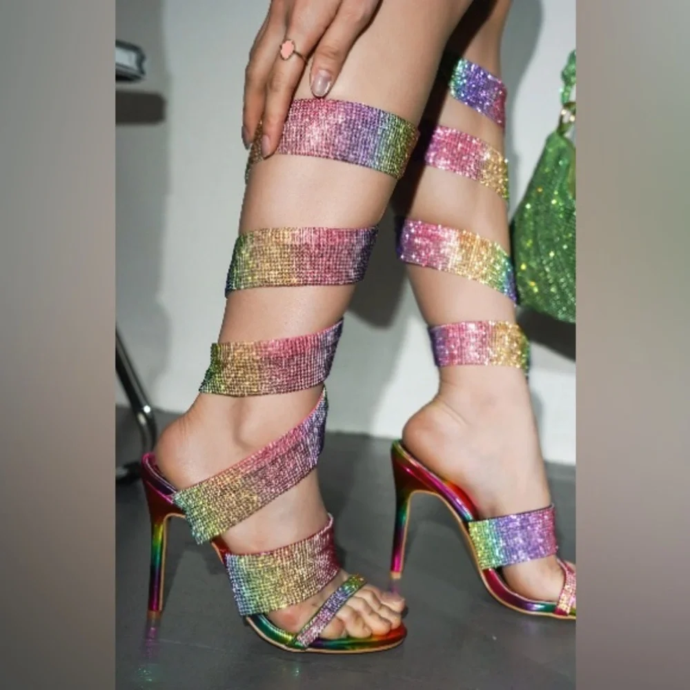 Cape Robbin Silver Rhinestone Wrap Gladiator High Heel Sandals